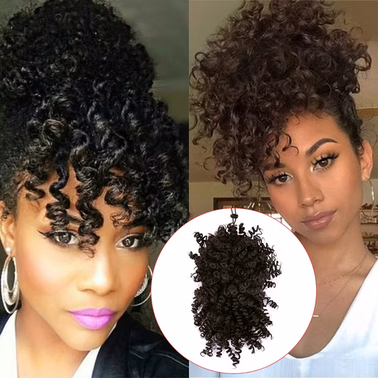 Hochwertige Xuchang Hair Factory Supply Clip-in-Hochsteck-Haarteil mit Kordelzug, Afro-Puff-Pferdeschwanz-Extensions, kurzer lockiger Puff-Pferdeschwanz-Dutt mit Pony